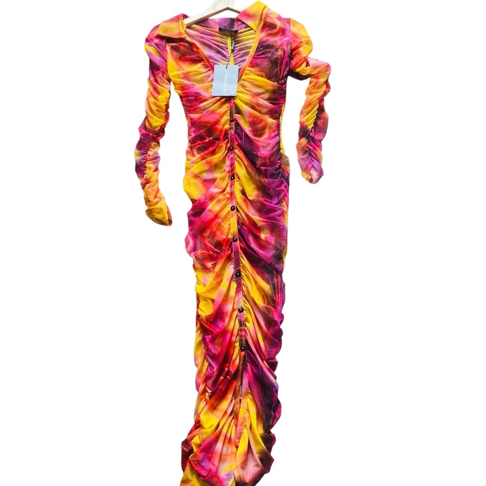 ⭐️ PRETTYLITTLETHING NWT Brown Tiger Printed Ruched Midi Dress Button Down - Picture 2 of 11